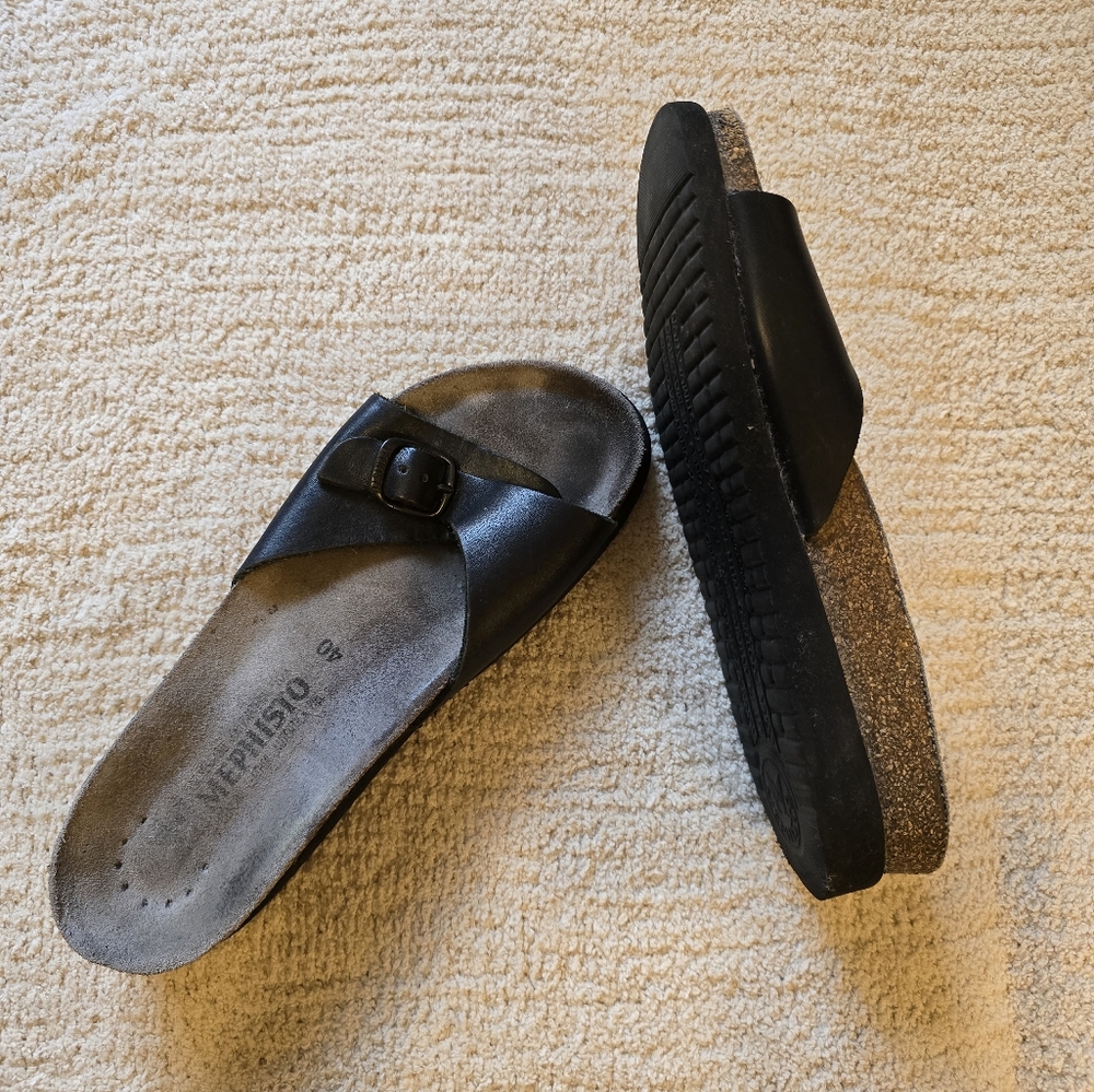 Mephisto Comfort Black Leather One Strap Buckle Slide Sandals Size 40 – 9.5/10